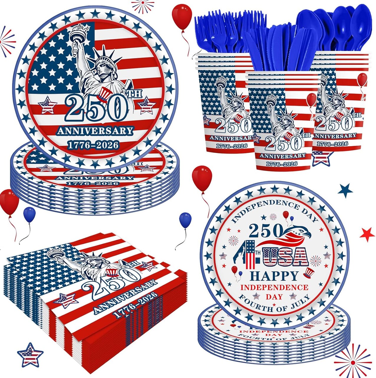 140PCS 4th of July Patriotic Party Supplies Set for 20 Guests – American Flag Disposable Tableware Kit with Plates, Cups, Napkins & Cutlery for Independence Day & Election Day Decorations (Light Blue Theme)